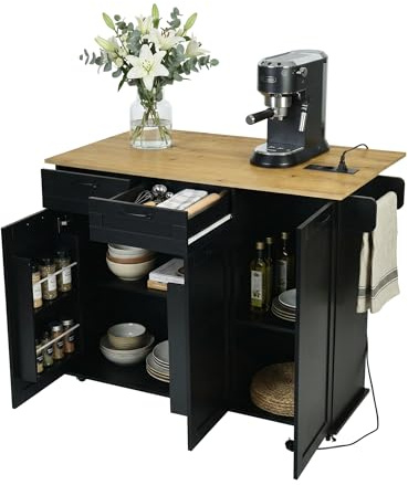 Ginhow Küchenschrank mit Arbeitsplatte und Steckdose Küchenkommode freistehend mit Stauraum Kücheninsel auf Rollen mit klappbarer Arbeitsplatte 2 Schubladen und Türen Schwarz Eiche 120 x 74 x 94,5 cm