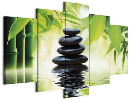 Cuadros B&D XXL - Leinwandbild Steine Bambus Blätter, 200x100 cm, 5-teilig