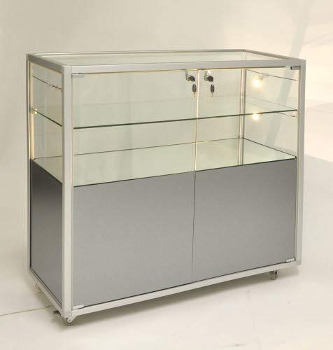 MHN Thekenvitrine ca. 100 cm breit - abschließbare Glasvitrine auf Rollen mit Aufbewahrungsfach - 2-türige Ausstellungsvitrine mit Schloss - ohne Beleuchtung