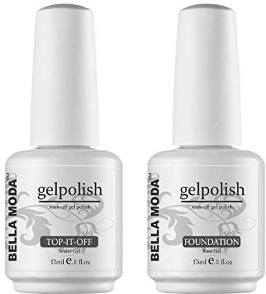 BELLA MODA 15ml Base Coat and No Wipe Top Coat Set Soak Off Gel Nail Polish Lacquer Gel Varnish for Nail Art Salon or Home