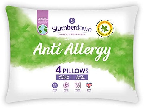 Slumberdown Anti Allergy Pillows 4 Pack - Allergy UK Approved Medium Support Back Sleeper Pillows for Allergy Sufferers | Anti Bacterial Cover, UK-Made & Washable (48 x 74cm)