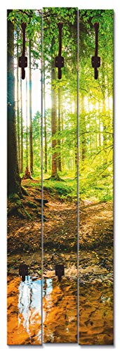 ARTLAND Wandgarderobe Garderobenpaneel Holz mit 5 Haken 45x140 cm Design Garderobe mit Motiv Natur Wald Bach Herbst Grün T9IO