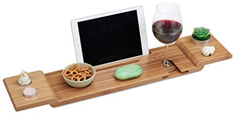 Relaxdays Badewannenablage Bambus, 70cm breit, Badetablett für Glas, Handy, Tablet, Badewannenbrett zum Einhängen, natur