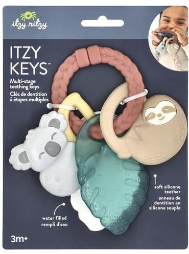 Itzy Ritzy Teething Keys Baby Teether Toy - Features a Braided Texture Ring & Keys, Includes a Water-Filled Leaf-Shaped Teether & Silicone Sloth & Koala Teething Toys, Ideal for Ages 3 Months & Up