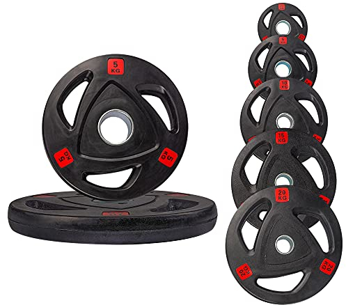 Strongway® Olympic Weight Plates Discs for Barbell Bar - 2 Inch (2) / 50mm Hole - Rubber Coated Cast Iron Weights Tri Grip Range of Weights and Sizes (100KG SET (2X20KG + 2X15KG + 2X10KG + 2X5KG))