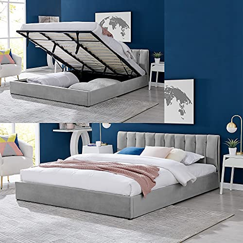 Bravich Ottoman Double Bed Frame. 4FT6 Plush Velvet Fabric Bed With Contemporary Headboard. Gas Lift Bed With Underbed Storage, 190 x 137cm (Double, Light Grey, No Mattress)