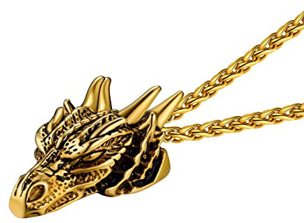 U7 Halskette Männer Edelstahl Halskette Herren Kette mit Drachenkopf Anhänger Vergoldet Kette für Jungen 3D Chinesische Drachen Kopf Kettenanhänger Gold Rock Halsschmuck Modeschmuck für Opa