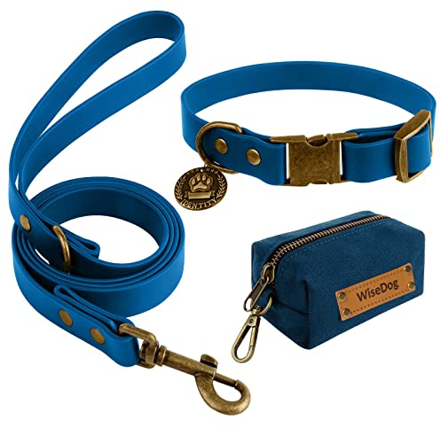 Wisedog Hundehalsband und Leine Set Combo: Einstellbare langlebige Haustier Halsbänder mit Hundeleinen für kleine mittlere große Hunde, enthält einen Bonus von Poop Bag Holder (M, Blau)