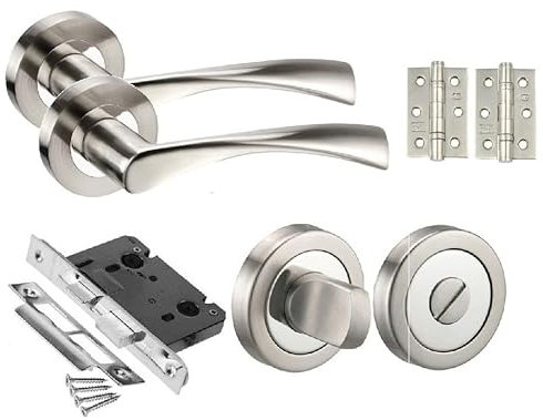 Golden Grace Twist Astrid Style Modern Chrome Bathroom Door Handles on Rose with Duo Finish Door Lever Latch Pack with Ball Bearing Hinges and 64mm Tubular Latch (Bathroom Set)