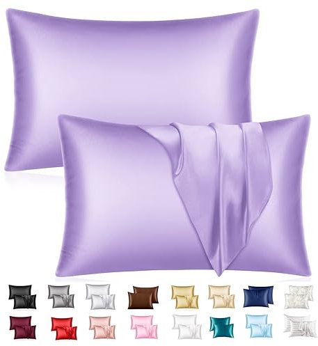 Mulberry Satin Silk Pillowcase for Hair and Skin - Soft Breathable Smooth Both Sided Silk Pillow Cover Pair - Standard Size 50x75cm, 2pc (Purple Pillow)