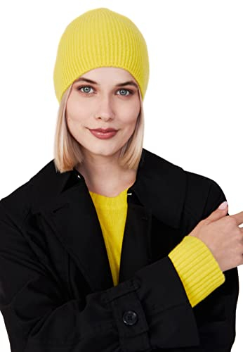 Style & Republic Kaschmir Sport Mütze-Beanie Damen aus 100% Cashmere - Dein kuscheliger Premium Strick Beanie für stilvolle Herbst- & Winter-Momente - Gelb