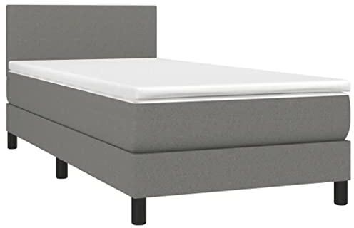 vidaXL Boxspringbett mit Matratze LED Bettgestell Einzelbett Polsterbett Bett Hotelbett Bettrahmen Lattenrost Schlafzimmerbett Dunkelgrau 90x200cm Stoff