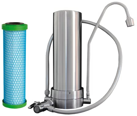 WatPass® INOX | Auftisch Wasserfilter & EM Premium 5 Filterpatrone | massives Edelstahlgehäuse | hochwertiger Silikonschlauch | geeignet für Verwirbler