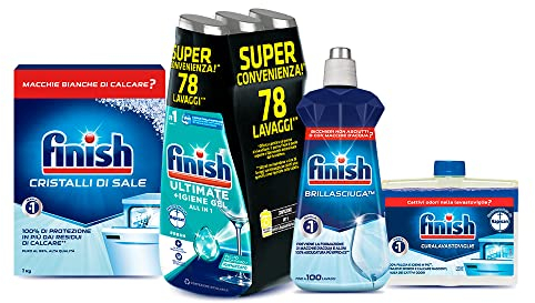 Finish Kit Lavastoviglie; Finish Quantum + Igiene Fresh 78 Lavaggi; Brillantante Regular 500ml, Curalavastoviglie regular 250ml, Cristalli di Sale 1kg