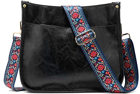 ZOUIQSS Dame Crossbody Taschen Leder Umhängetasche Frauen Hobo Handtasche mit Reißverschluss Schultertasche mit verstellbarem Riemen(Schwarz(5cm) Löwenzahn)