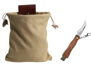2-Piece Foraging Bag and Mushroom Knife Accessories Collapsible Mushroom Bag Waxed Canvas Bag Portable Jungle Hunting Bag for Outdoor Camping Hiking (Khaki)