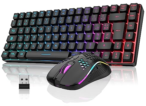 RedThunder K84 Combo Clavier et Souris USB sans Fil Gamer, AZERTY Français, Batterie Rechargeable RVB Rétroéclairée, Clavier TKL à 75% et Souris Optique Légère en Nid d'abeille 3200 DPI (Noir)