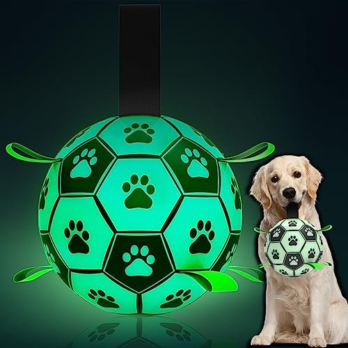 HETOO Glow in The Dark Soccer Ball with Straps, Interactive Dog Toys Puppy Birthday Gifts, Dog Tug Water Toy, Indoor/Outdoor Light Up Dog Balls for Medium&Large Dogs (8 Inch)