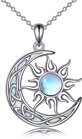 YAFEINI Sonne und Mond Kette Damen 925 Sterling Silber Opal Keltischer Mond Anhänger Halskette Mondstein Sonne Schmuck Geschenk (Weiß Opal)