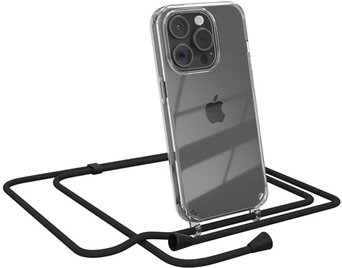 EAZY CASE Handykette kompatibel mit iPhone 15 Pro Handyhülle mit Umhängeband, Handykordel mit Schutzhülle, Silikonhülle, Hülle mit Band, Stylische Kette für Smartphones, Schwarz - Clips Schwarz