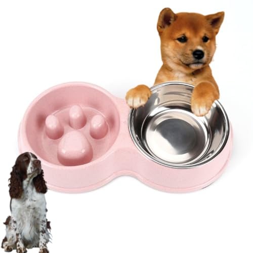 Double Dog Bowls for Food and Water, Slow Down Eating, Feeder with No-Spill Non-Skid Silicone Mat, Food-Grade Safe Dog Food Bowls Slow Feeder, Stainless Steel Dog Water Bowl for Dogs Cats (Pink)