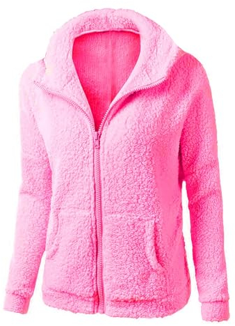 Black Friday Angebote 2023,Fleecejacke Damen Lockere Lange Leichte Teddy-Fleecejacke Elegant Lässige Sherpa Einfarbig Plüsch Winterjacke Übergangsjacke Damen Women's Teddy Fleece Jacket (Hot Pink,M)