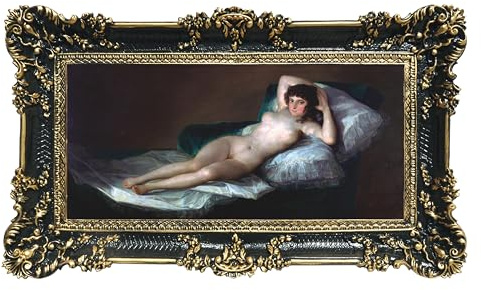 LIGUORO SHOP Bild Maja Desnuda von Francisco Goya, Reproduktion auf Banner, Leinwand mit barockem Rahmen, 96 x 56 cm (Schwarz/Gold)