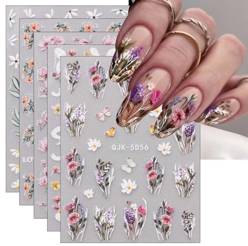 JMEOWIO 6 Fogli 3D Fiore Primaverile Adesivi Unghie Nail Art, Stickers Unghie Autoadesivi 5D Decorazioni Unghie Nail Art Disegni