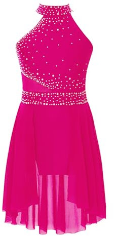 Freebily Abito da Pattinaggio Artistico Bambina con Strass Abito da Ballo Lirico Contemporaneo Body Danza Classica Moderna con Gonna Vestito da Balletto Dancewear Rosa Caldo 5-6 Anni