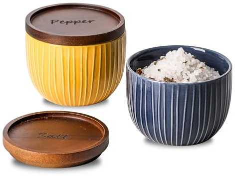 Adewnest Ceramic Salt and Pepper Bowl: 10 oz Farmhouse Style with Removable Wooden Lid - Stackable - Dishwasher Safe - Navy & Yellow