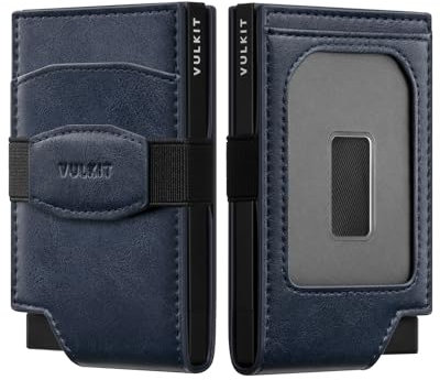 VULKIT Porte Cartes Homme Pop Up RFID Cuir Pince à Billet Slim Porte-Carte Bancaire Metal avec Fenêtre D'identité Portefeuille Minimaliste, Bleu Marine