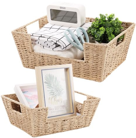 Cestas Almacenaje Trenzada, Set de 2 Cesta de Almacenamiento de Mimbre, Cestas Tejidas con Asas, Apilables Caja Organizadora, para Baño, Cocinas, Oficinas, Sala de Estar