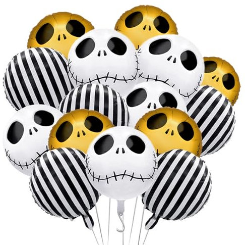 GWAWG Halloween Schädel Ballons Dekorationen, schwarz-weiß gestreifte Mylar Folienballons Weiß-Gold Smiley Gesicht Schädel Jack Albtraum vor Weihnachten für Halloween Weihnachten Party Dekorationen