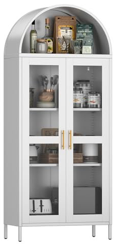 SUPEER Buffet Vitrine en Métal avec Dôme Arrondi - Armoire Exposition 2 Portes Vitrées- Meuble Salon Chambre avec Vitrine (Blanc, 185x80x40 cm)‌