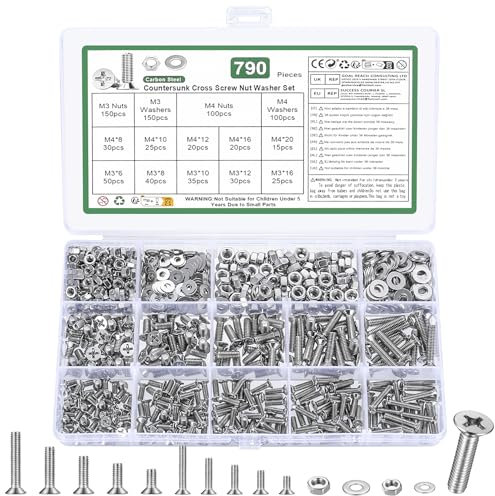 Juego de 790 tornillos M3 M4, tornillos de cabeza avellanada, juego de tuercas, tornillos de cabeza plana y tuercas, surtido de tornillos de máquina con arandelas (plata, M3 M4)