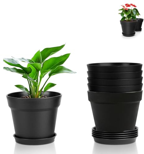 thirei Pots de Fleurs, 6 Pcs Pots de Plastique, Fleurs en Plastique de 8,8 cm avec Plateau, Culture Ronds, pour l'intérieur et Le Balcon Succulentes Cactus, Noir