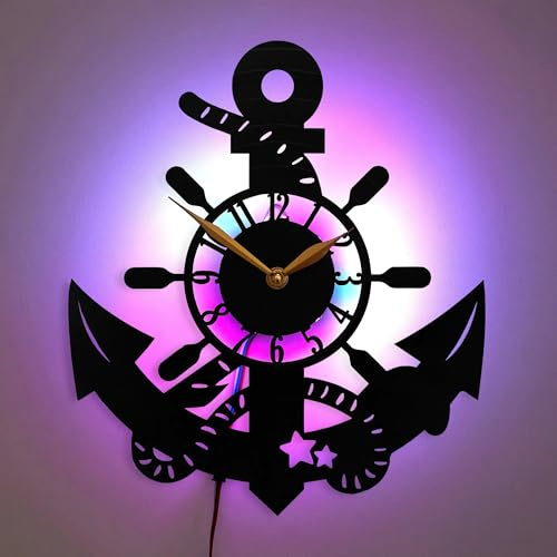 IndieClock Anchor Ship Wheel Wall Clock – LED Nautical Decor for Coastal Room, Marine Theme Gift Idea, Ocean Lover Accent Art, Sailor Style Wall Piece, Seaside Decor Gift, Black