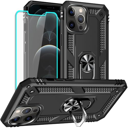 Yiakeng for iPhone 12 Pro Max Case with Screen Protector: Military Grade Protective Cases with Ring Holder Kickstand for - iPhone 12 Pro Max (Black)