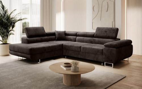Luxusbetten24 Designer Sofa Aston mit Stauraum und Schlaffunktion | Bezug: Samt | Farbe: Dunkelbraun | Stellvariante: Links