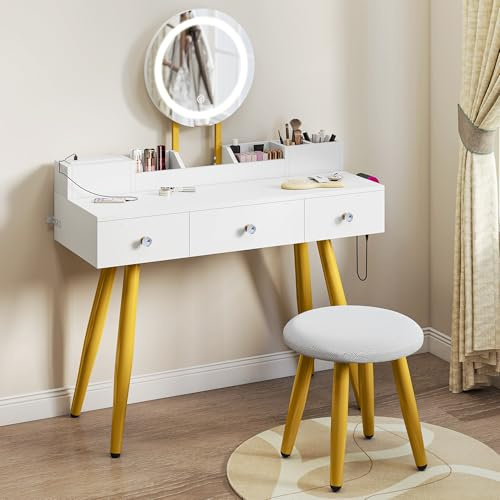YITAHOME Dressing Table, Makeup Vanity with LED Mirror and Stool, 3 Drawers & Makeup Tray, Built-In AC & USB Outlets, Glossy Finish, Modern Dressing Table with Splayed Legs, 100×40×85cm, White
