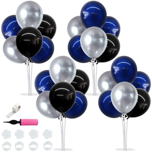 Balloon Stand Kit 4 Sets for Table Centerpieces Include 32 Pcs Black Blue Silver Latex Confetti Balloons for Birthday,Graduation, Boy Baby Shower, Table Party Decorations