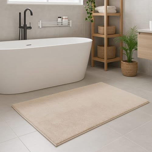 carpet city Badezimmer-Teppich Waschbar Beige 50x90 cm - Weicher Badvorleger Einfarbig rutschfest - Duschvorleger, Badematte Soft-Touch Haptik