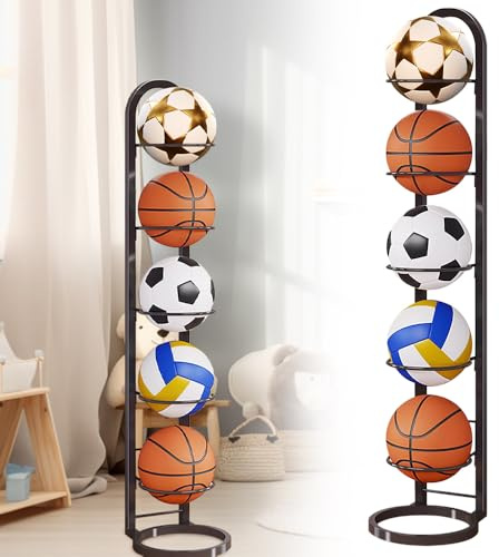BIZOI Stufiger Ballständer, Vertical Ballregal Fußball Ständer, Abnehmbares Standing Rack Halter, Ball Aufbewahrung für Fußball Basketball Volleyball