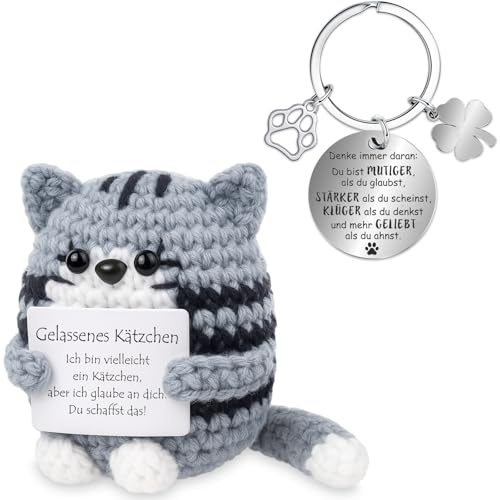 Farbeele Gelassenes Kätzchen und Glücksbringer-Schlüsselanhänger, Einschulung Geschenk, Pocket Hug Positive Figur, MutmacherGeschenk, Glücksbringer Prüfung, Geburtstagsgeschenk