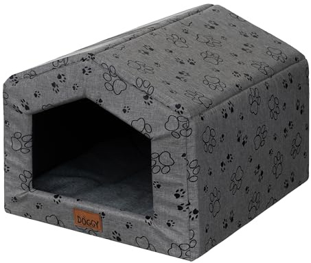 DOGGY Hundehütte – Hundehöhle mit Kissen - Winterfest Wasserdicht Wetterfester – Warm Hundehaus - Katzenhaus Für Draußen - Haustiere Kleine Hund Katze 55x59x34 cm - Graphit mit Pfoten