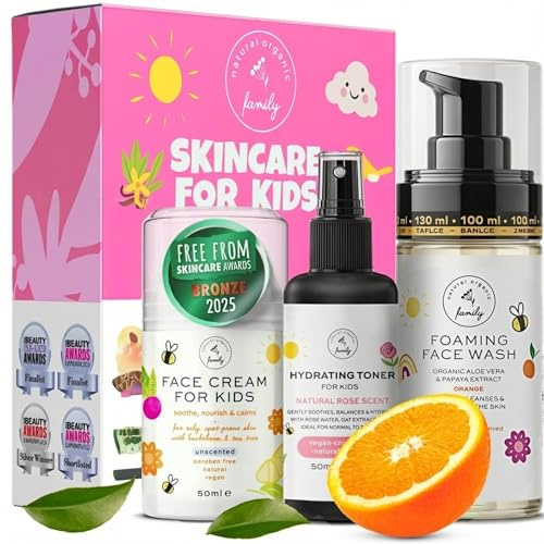 The Natural and Organic Family Kids Skincare Set - Rose Toner Face Wash | 3 piece kids skincare set - face wash 150ml, rose water toner 50ml, fragrance free cream 50ml