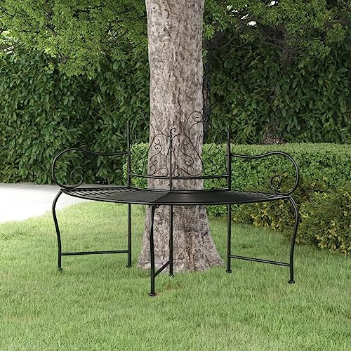 Teenpull Baumbank 150 cm Schwarz Stahl, Robuste Gartenbank Metall Rundbank, Witterungsbeständige Sitzbank für Garten, Terrasse, Hof, Langlebiges Outdoor-Möbelstück