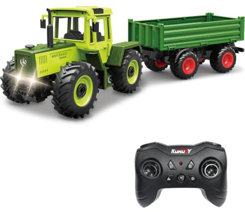Bonikita Remote Control Tractor toy with Trailer, Automatic Lifting Function, LED Lights & 2 Rechargeable Batteries, Toy for Kids Aged 3+