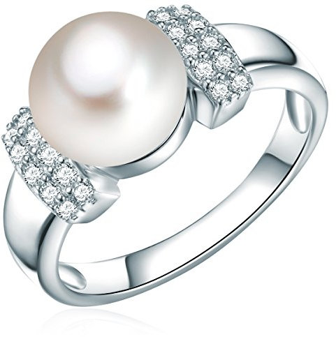 Valero Pearls Damen Perlenring aus 925 Sterling Silber mit Süßwasser-Zuchtperle 9-10 mm Zirkonia weiß