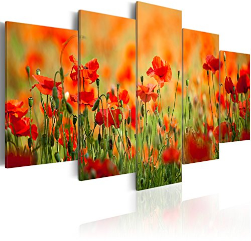 B&D XXL - Wandbilder XXL Mohnblumen 200x100cm 5 tlg - Wand Deko Leinwand Bilder Groß Wanddeko Wohnzimmer Schlafzimmer Kunstdrucke - Natur Feld rot 030210-20